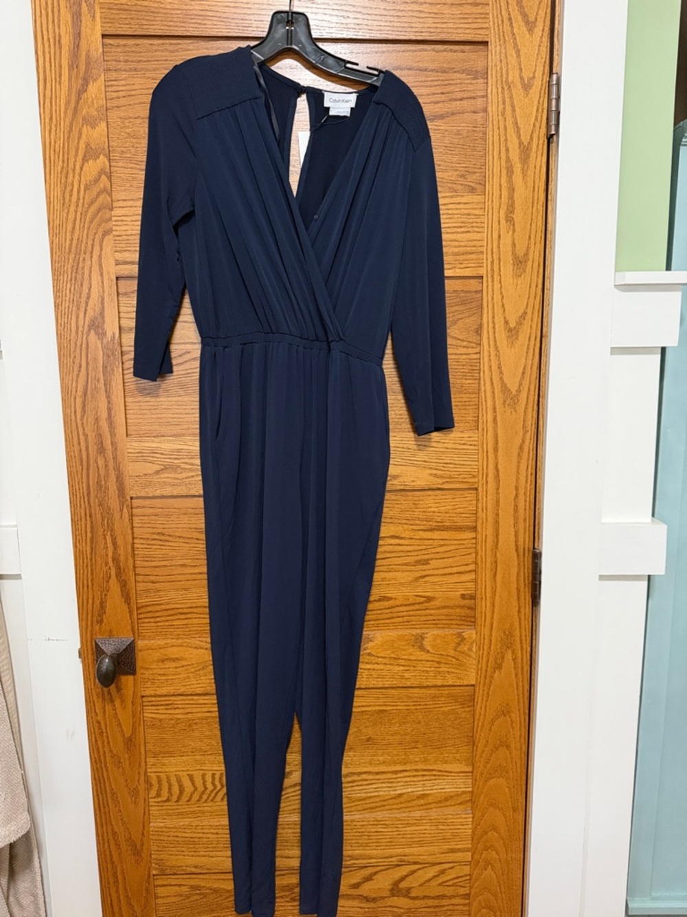 Calvin Klein Navy Blue Long-Sleeve Faux-Wrap Jumpsuit